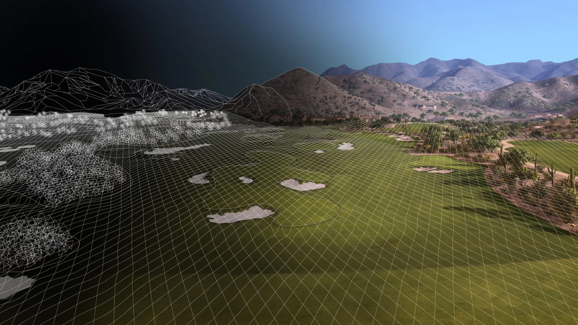 A digital rendering of a landscape merges with a real scenic view of mountains and greenery under a clear blue sky.